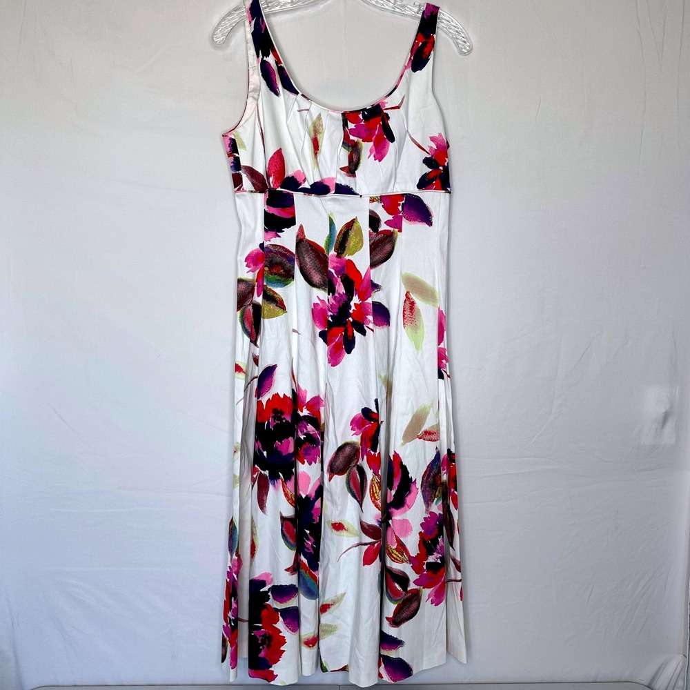 London Times Square Neck Womens Floral Midi Dress White Pink Sleeveless Size 8